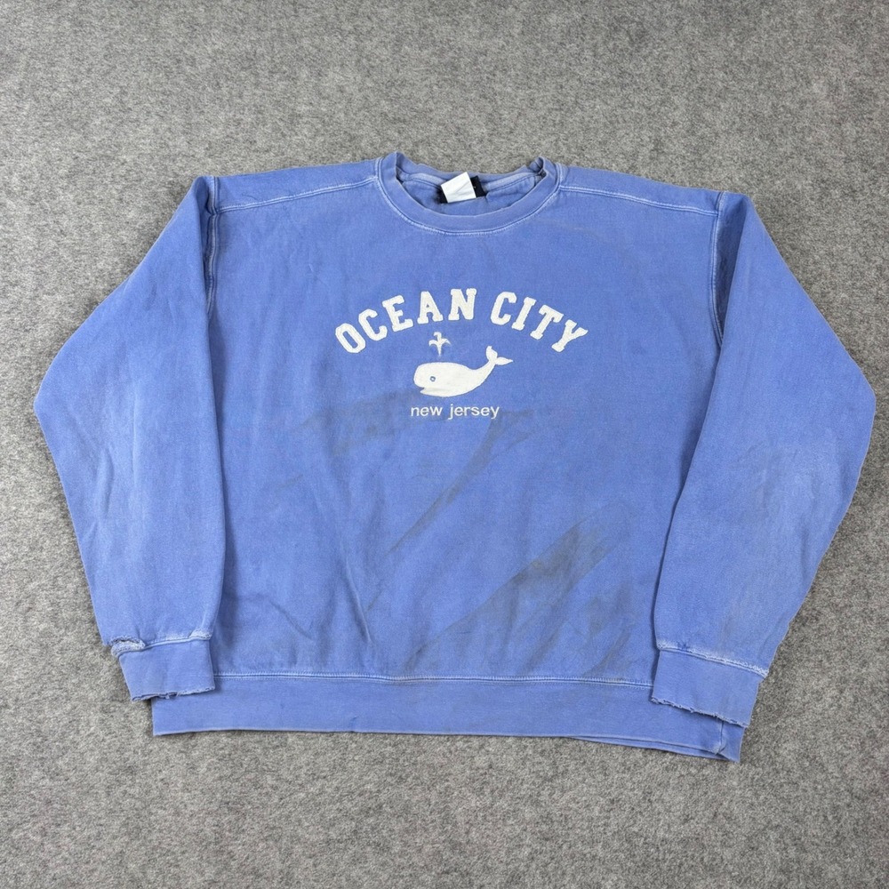 Breezin' Up Sweatshirt Mens Large Blue Ocean City NJ Whale Distressed Surf Beach